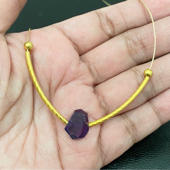 Natural Raw Amethyst Pendant Magnetic Clasp Gold-tone Skinny Chain Necklace - Picture 5 of 12